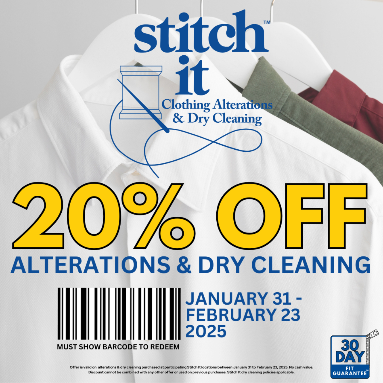 Stitch It – Save 20% off Alterations & Dry Cleaning at Stitch It until February 23, 2025! icon