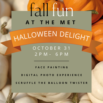 Families enjoying Halloween Delight at The MET — children in costumes trick-or-treating, getting their faces painted by Kidoodles, and posing for photos at the Digital Photo Experience. Scruffle the Balloon Twister entertains with balloon creations. Festive decorations and smiling families fill Metropolis at Metrotown’s ground and lower levels during the October 31 celebration from 2 PM to 6 PM.