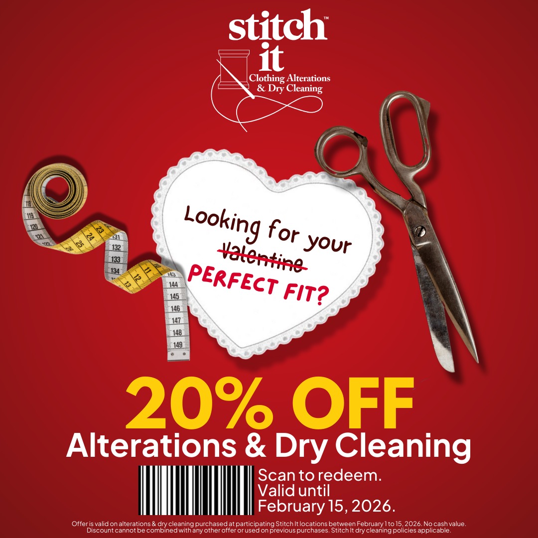 Find Your Perfect Fit at Stitch It! 20% off Alterations & Dry Cleaning until February 15th! icon